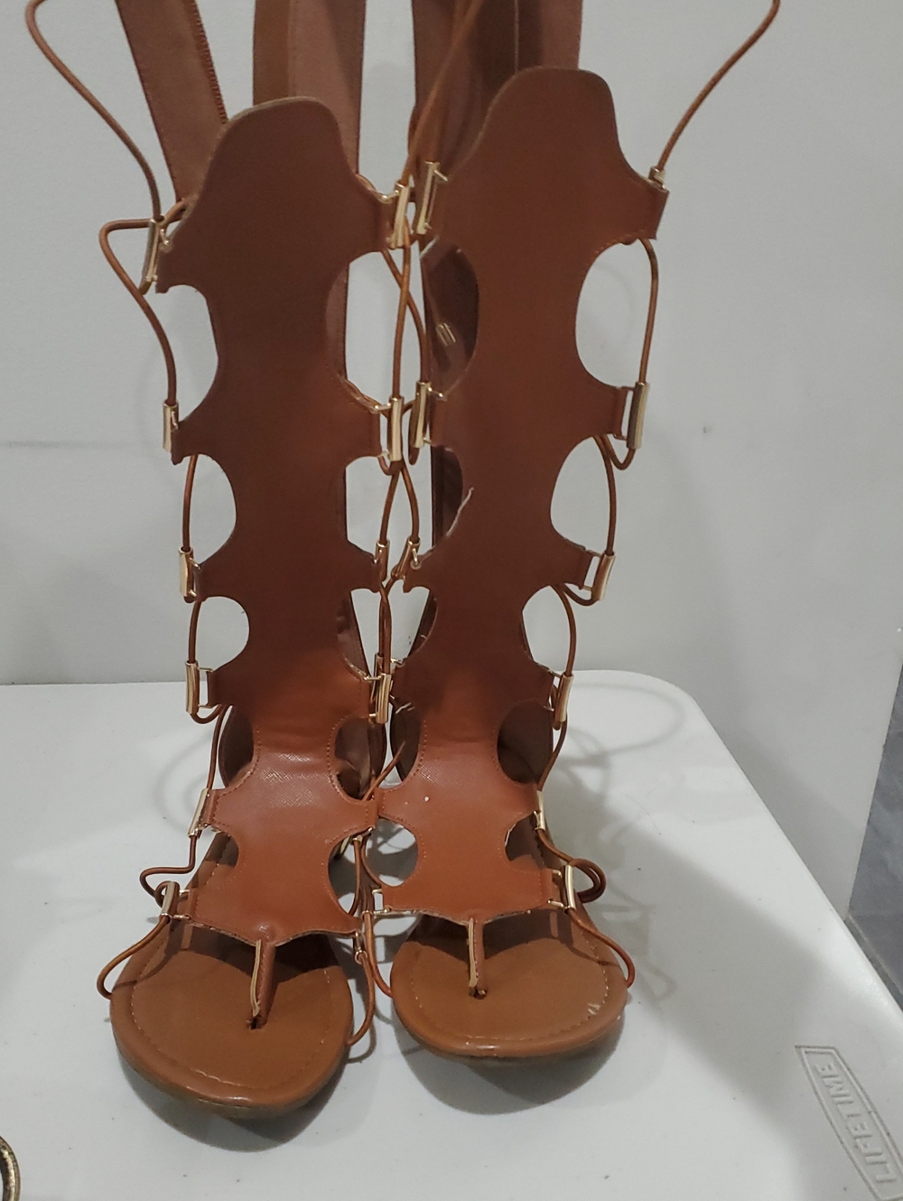 Yoki Tan Brown Gladiator Knee-High Sandals with Gold Accents